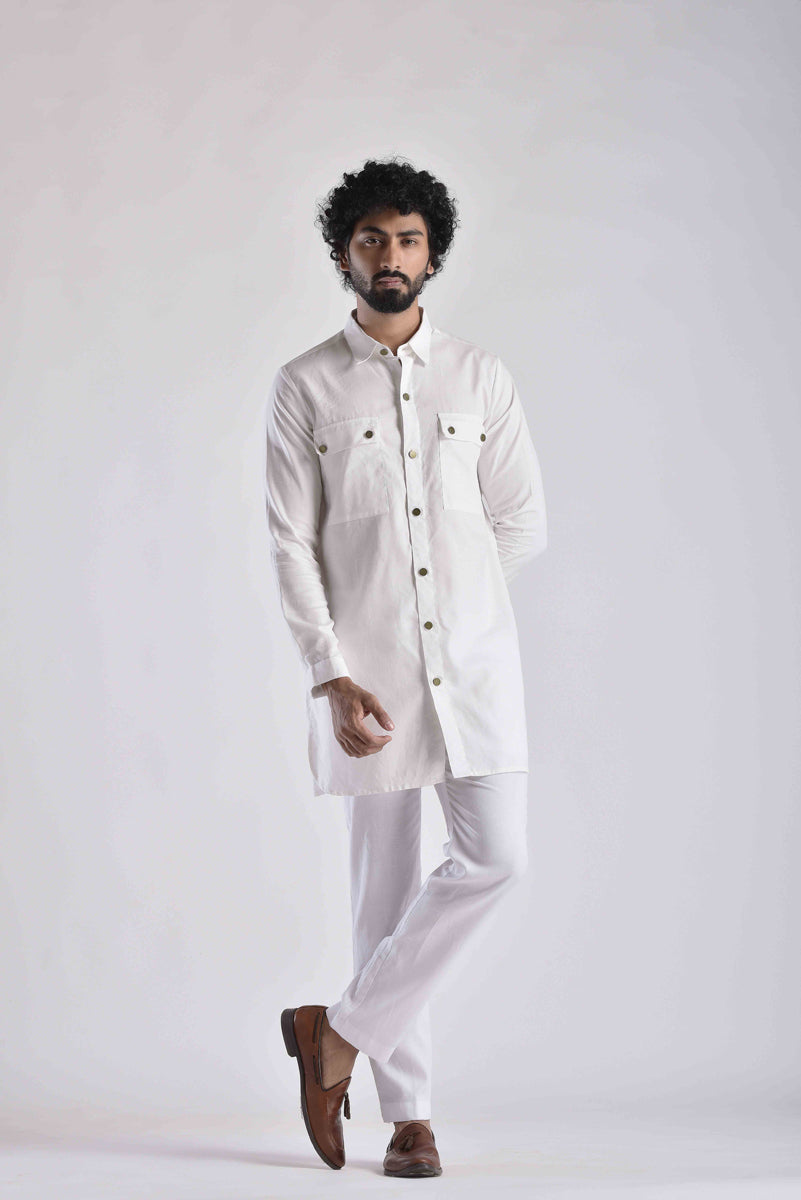 White Pashtooni Kurta Pant Set